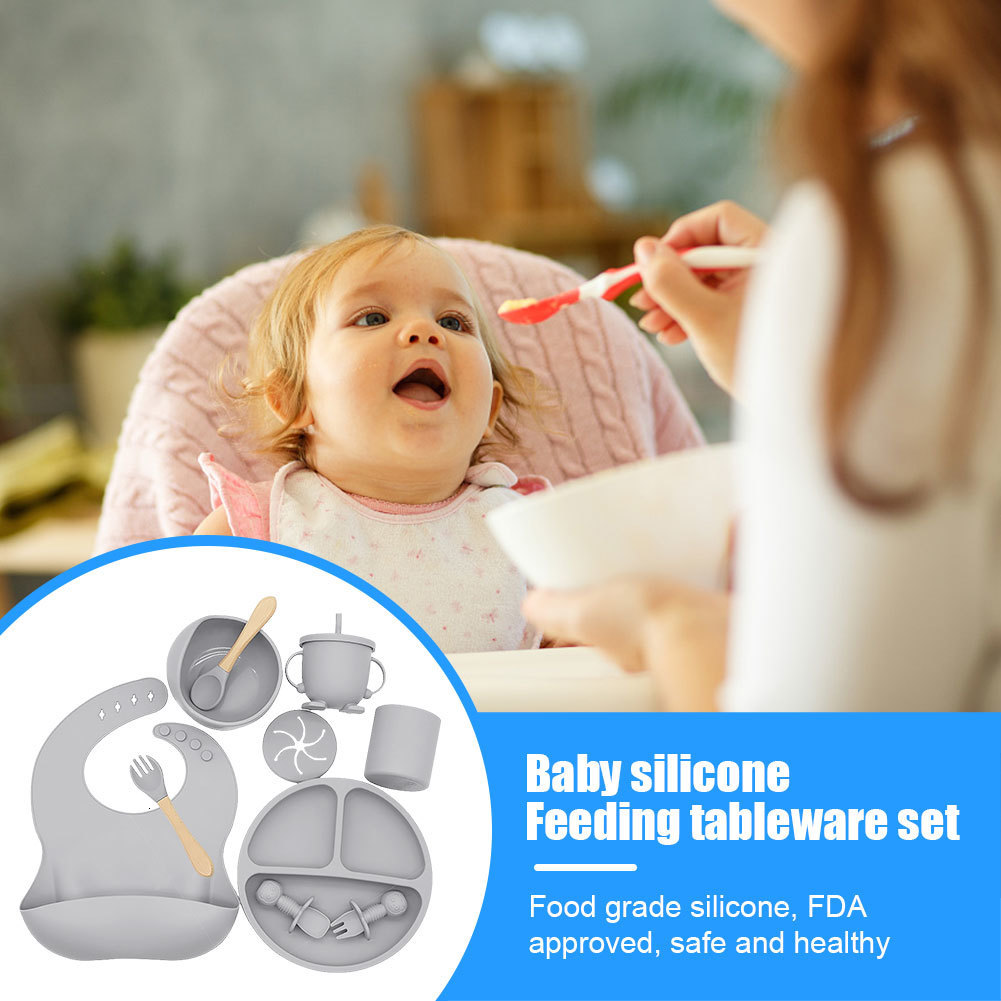 Cups Dishes Utensils 3/9PCS Set Baby Silicone Tableware Set Baby Feeding Dishes BPA Free Bowl Plate Bibs Spoon Fork Sets Children Non-slip Dinnerware 