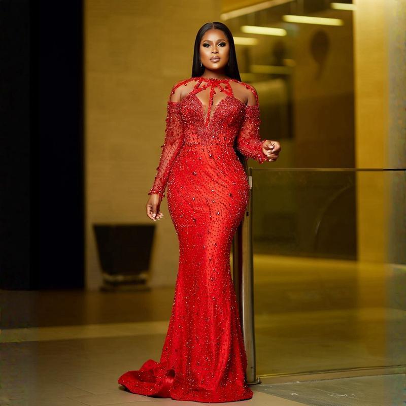 urious Aso Ebi Prom Dresses Sparkg Red Lace Mermaid Evening Dress Crystals Birthday Party Second Reception African Arabic Engagement Gowns ST465