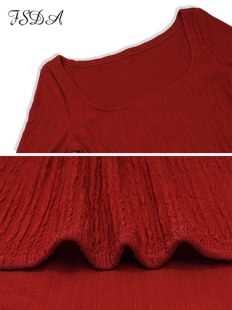 Women's T-Shirt FSDA Red Square Neck Long Sleeve T Shirts Women Basic Skinny Casual Autumn Winter Sexy Crop Top Streetwear Y2K Ruched 230428