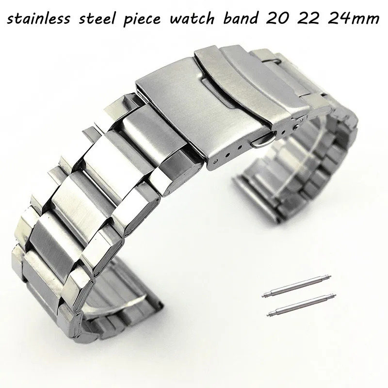 Watch Bands Silver Security Buckle Stainless Steel Piece Watch Band 20mm 22mm 24mm Watch Strap Wrist Bracelet 3 Beads Belt with Pins 231128