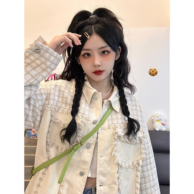 Women's Jackets Patchwork Vintage Plaid Tweed Contrast Jean Jacket Chic Vintage Denim Coat Women Spring Fall Loose Outfit Windbreaker y2k cloth 2