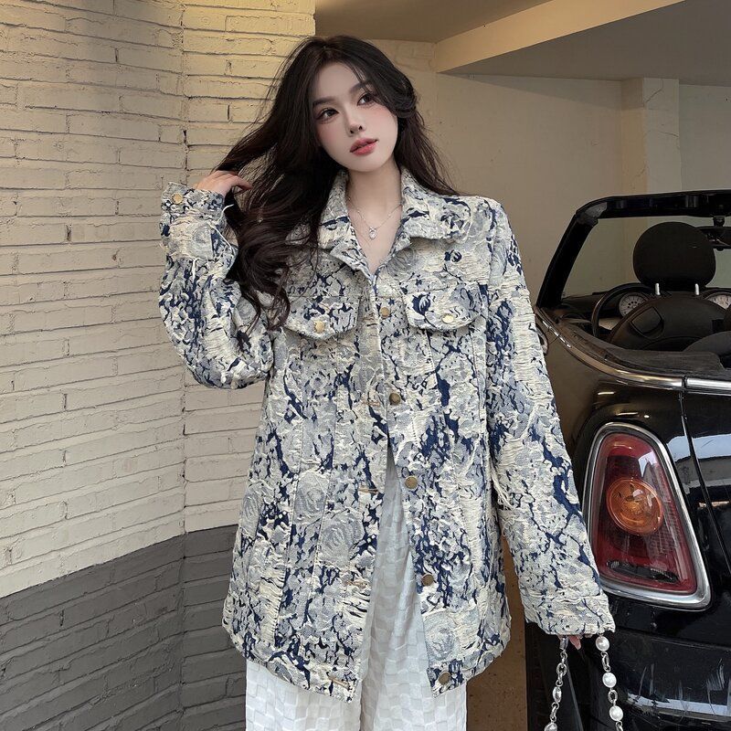 Women's Jackets SuperAen Jacquard Vintage Denim Jacket Women Spring Korean Loose Fashion Jeans Jacket Women 230428