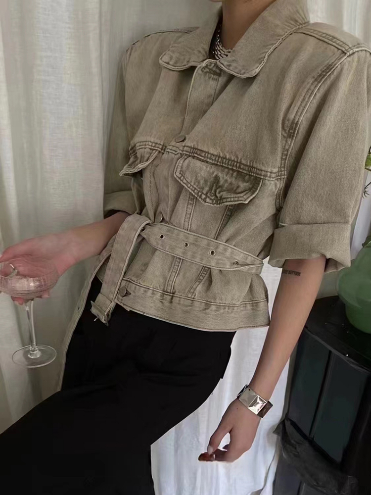 Women's Jackets GALCAUR Vintage Tunic Denim Jackets For Women Lapel Half Sleeve Single Breasted Bandage Solid Folds Coat Female Spring Clothing 2