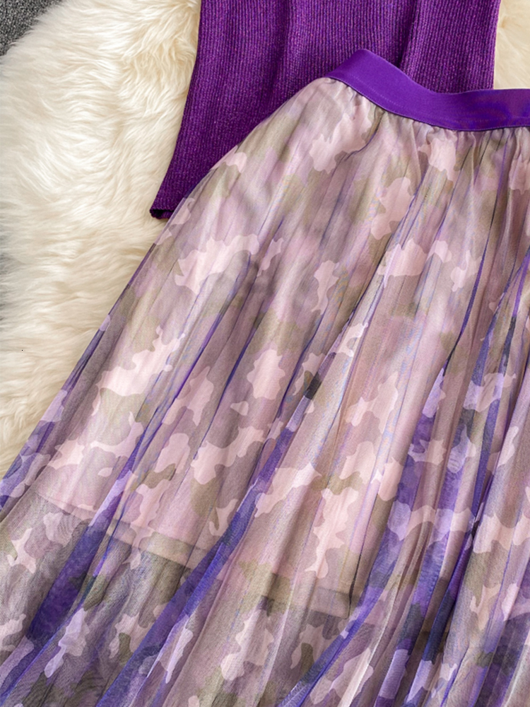 Two Piece Dress FTLZZ Summer Elegant Women Two Piece Sets V-neck Ruffled Knitted Top and Lace Mesh Floral Print Dress Casual Lady Suit 230428