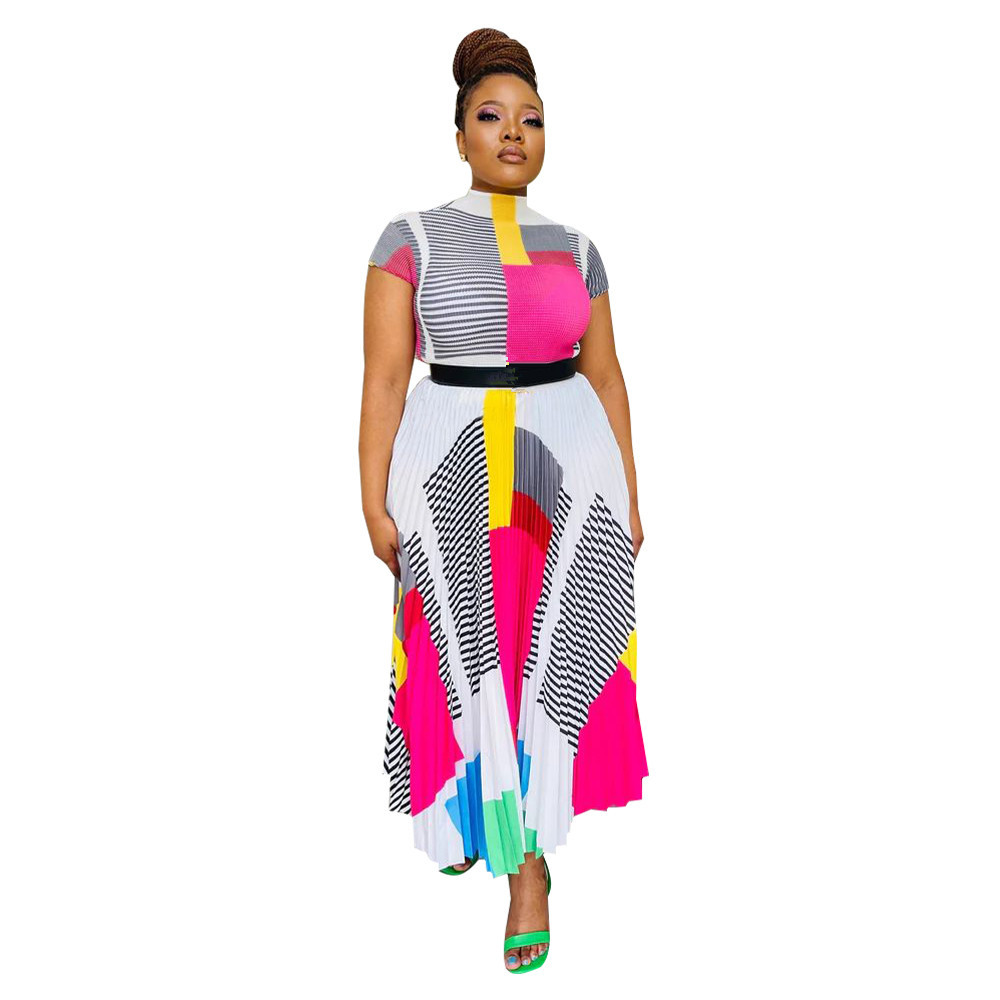 New Dress Sets Summer Women Short Sleeve T-shirt and Pleated Long Skirt Two Piece Sets Fashion Print Loose Skirt 2pcs Suits Bulk Clothes 9804