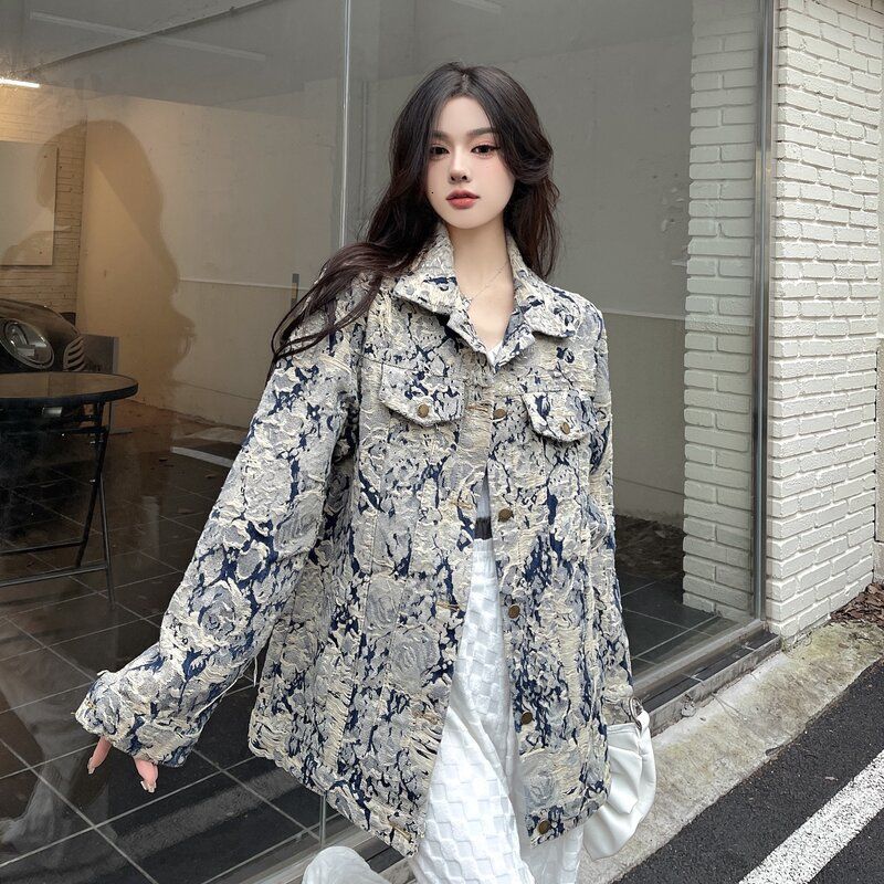 Women's Jackets SuperAen Jacquard Vintage Denim Jacket Women Spring Korean Loose Fashion Jeans Jacket Women 230428