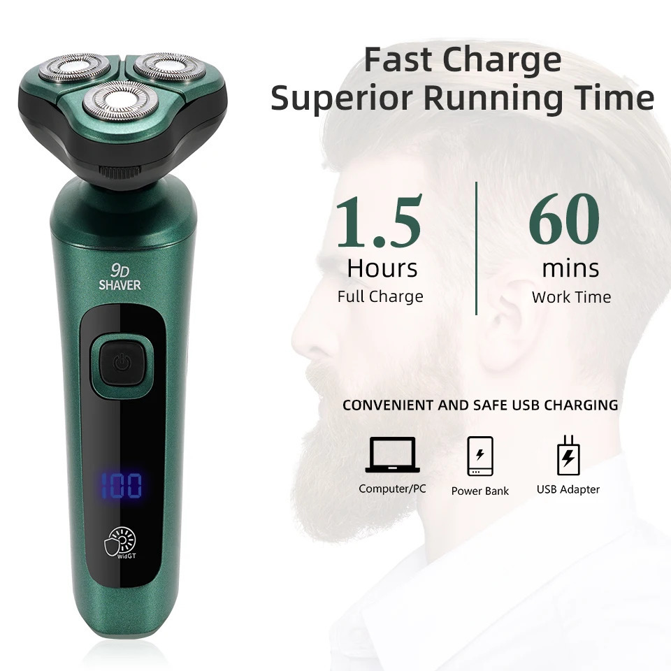 Electric Shavers Green Smart Electric Shaver LCD Digital Display Three-head Floating Razor USB Rechargeable Washing Multi-function Beard Knife 231128