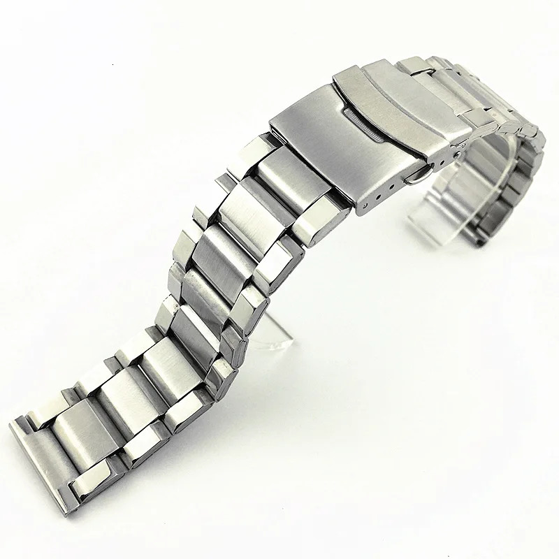 Watch Bands Silver Security Buckle Stainless Steel Piece Watch Band 20mm 22mm 24mm Watch Strap Wrist Bracelet 3 Beads Belt with Pins 231128