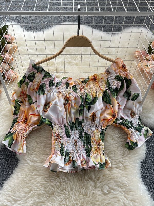 Two Piece Dress Summer Holiday Flower Print Two Piece Sets Women's Sexy Off-shoulder Crop Top High Waist Long Skirt Boho Beach Set Suit M7362# 23