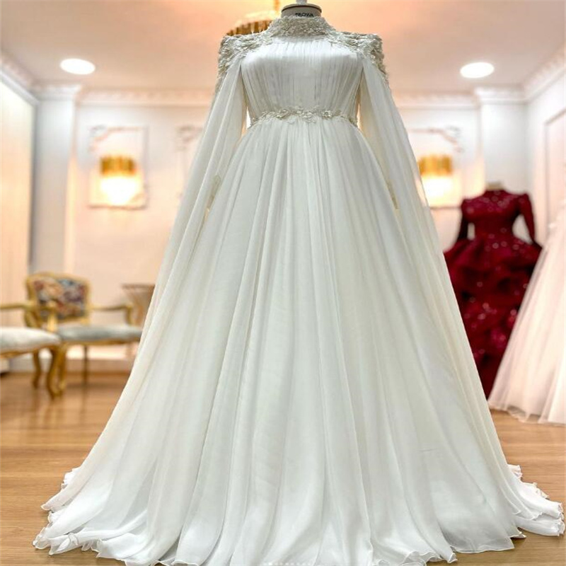 Elegant Ivory Muslim Wedding Dress With 3d Florals High Neck Beaded Caftan Saudi Arabic Bridal Gowns Boho Chiffon Bride Dress Countries Robes Mariee V