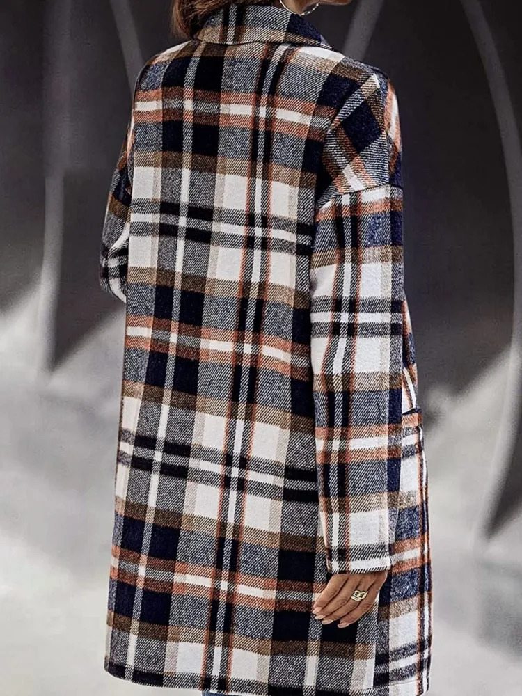 Womens Wool Blends Woolen Autumn Long Coat Women Sleeve Plaid Striped Print Ladies Coats Fashion Casual Loose Woman 231127