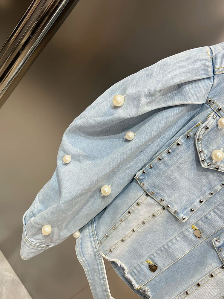 Women's Jackets CHICEVER Patchwork Pearls Denim Jackets For Women Lapel Puff Sleeve Single Breasted Hollow Out Casual Jacket Female Spring 230428
