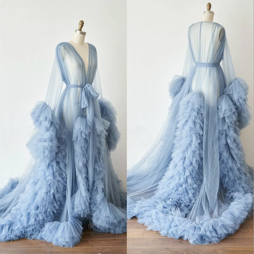 Luxury Ruffles Night Robe Bridal Long Sleeves Sleepwear See Through Sky Blue Party Nightgowns Robes Custom Made