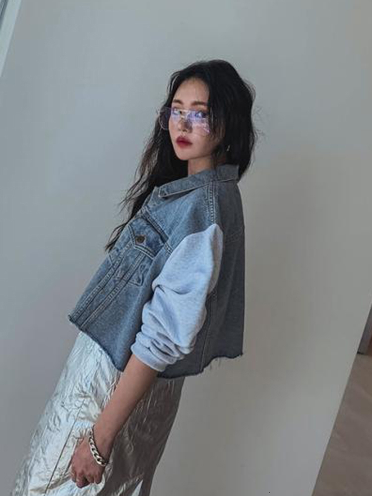 Women's Jackets GALCAUR Patchwork Denim Jackets For Women Lapel Long Sleeve Single Breasted Splcied Pockets Hit Color High Street Coat Female 230