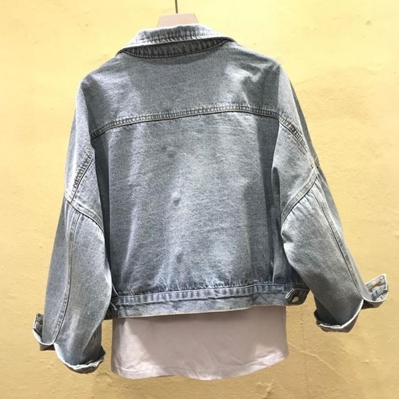 Women's Jackets Rimocy Crystal Pocket Cropped Denim Jackets Women Autumn Long Sleeve Loose Jacket Woman Button Up Streetwear Jean Outwear 230428