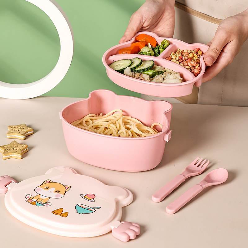 Cups Dishes Utensils Lunch Box for Kids Girls Double Layer With Compartments Bento Lunchbox School Child Leakproof Children's Food Snack Boxes 23
