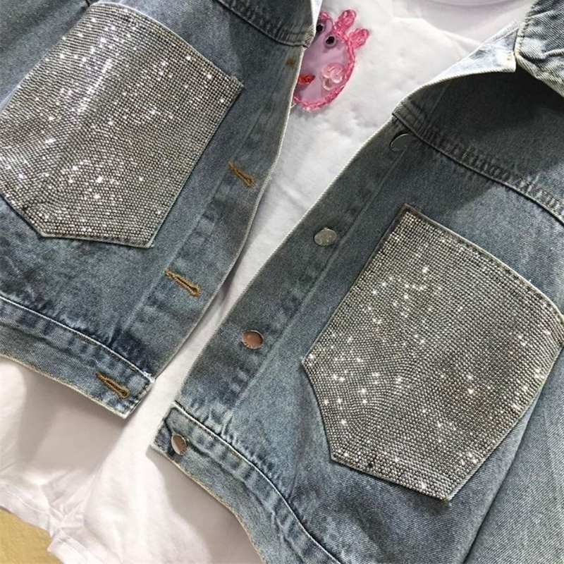 Women's Jackets Rimocy Crystal Pocket Cropped Denim Jackets Women Autumn Long Sleeve Loose Jacket Woman Button Up Streetwear Jean Outwear 230428