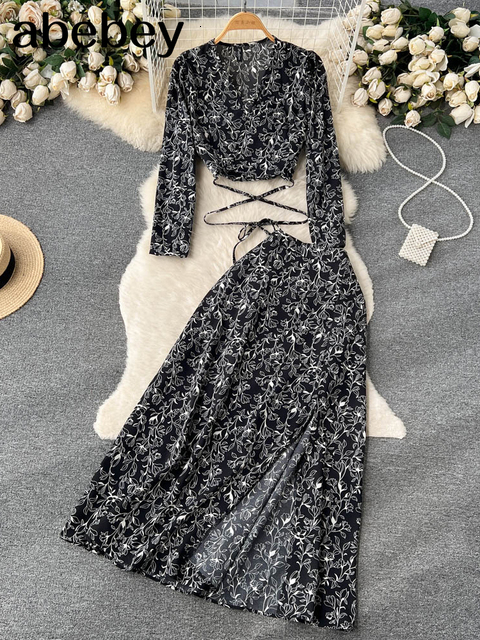 Two Piece Dress Women Chiffon Vacation Bohemian Two Pieces Suits Summer Lace Up Top Split Long Skirt Sets Y2K Floral Print Beach Sets 230428