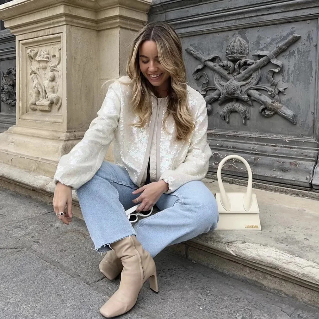 Women's Jackets Autumn Crew Neck Sequin Motorcycle Bomber Jacket Women Baseball Uniform Chic Fashion Shiny Jackets High Street Coat Top 231128