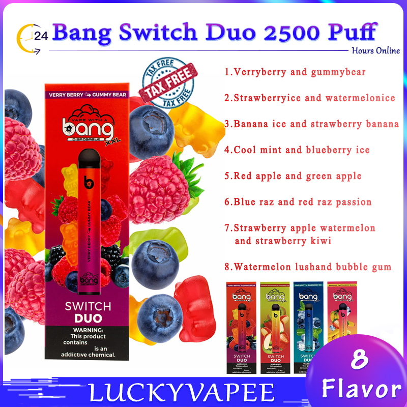 Highest Bang XXL Switch Duo 2500 Puffs E Cigarettes Disposable Vapes Pod Device 1100mah Battery 7ml Cartridge Starter Kit Small Bar Kit Portable Package
Highest Bang XXL Switch Duo 2500 Puffs E Cigarettes Disposable Vapes Pod Device 1100mah Battery 7ml Cartridge Starter Kit Small Bar Kit Portable Package