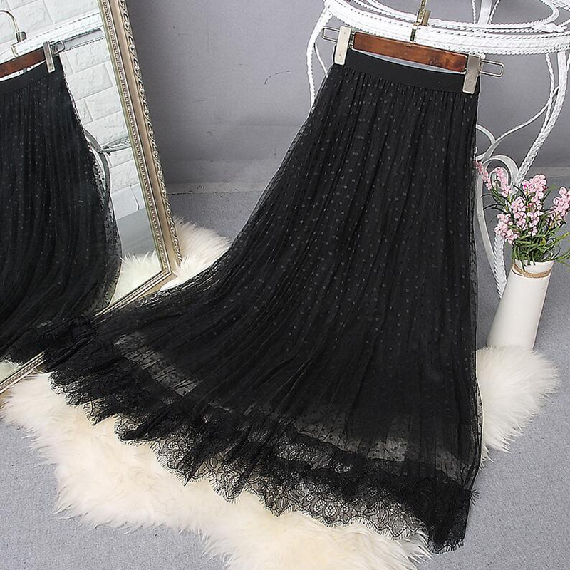 Skirts Spring Elegant Lace Patchwork Mesh Midi Skirts Women Elastic waist Polka Dot print Pleated Skirt A Line Long Tulle Skirt 230428