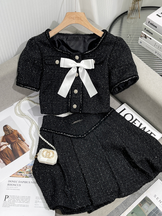 Two Piece Dress Vintage Classic Fashion Tweed Two Piece Set Women Outfits Sweet Bow Lace-up Crop TopPleated Skirt Suits Female Y2k 2 Piece Set 230428