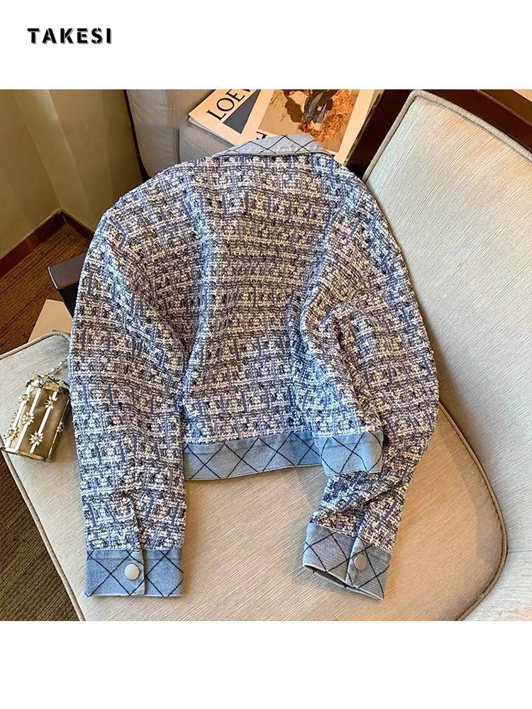 Women's Jackets Small Fragrance Tweed Coat Women's Autumn Blue French Celebrity Temperament Short Top Elegant Denim Jacket 230428