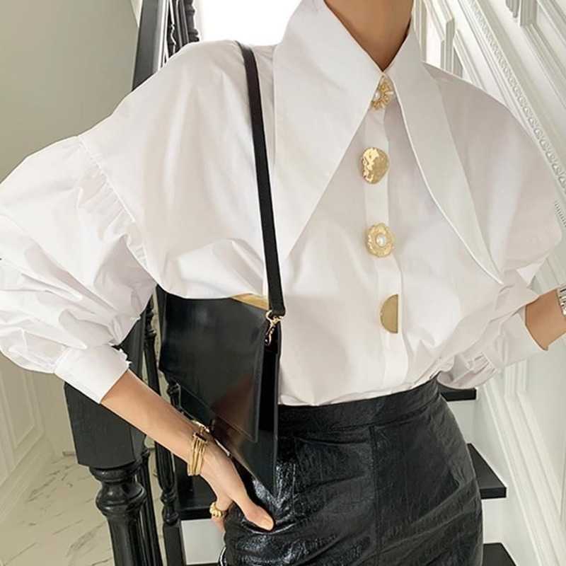 Women's Blouses Shirts QWEEK Comfort Women's Shirts Sharp Corner Lapel Fashion Lady Blouses Korean Style White All-match Long-sleeved Tops 2