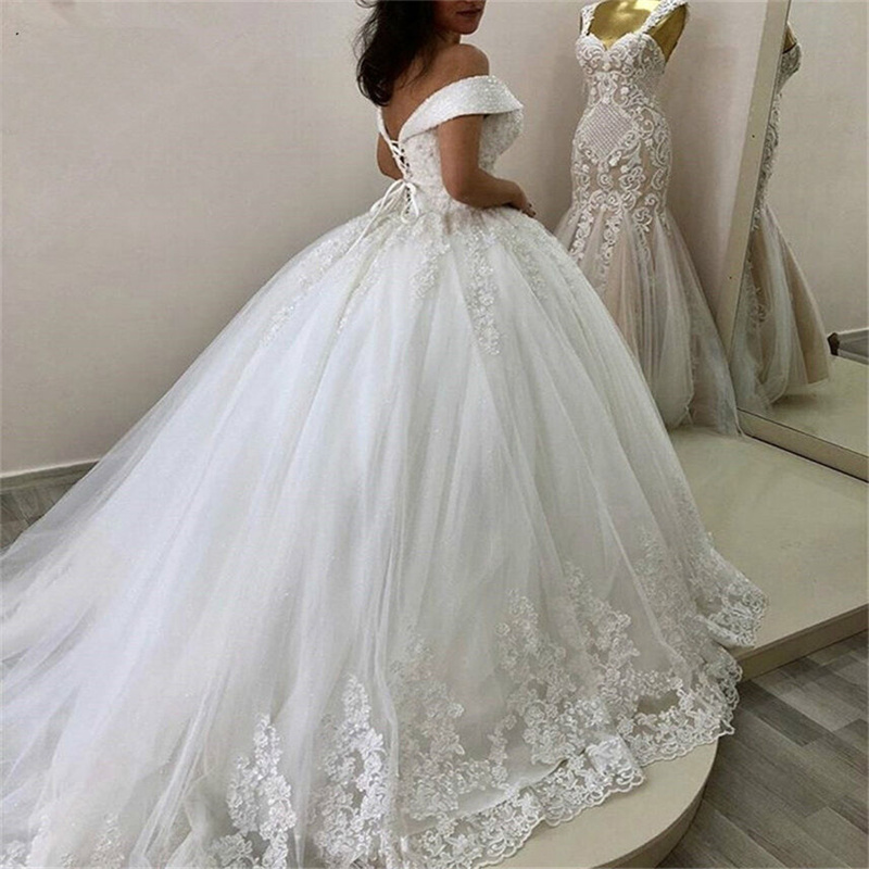Sparkly Ball Gown Lace Wedding Dress Off Shoulder Sequin Appliques Garden Bride Dress Spectacular Floor Length Tulle Church Vestidos De Novia Luxury R