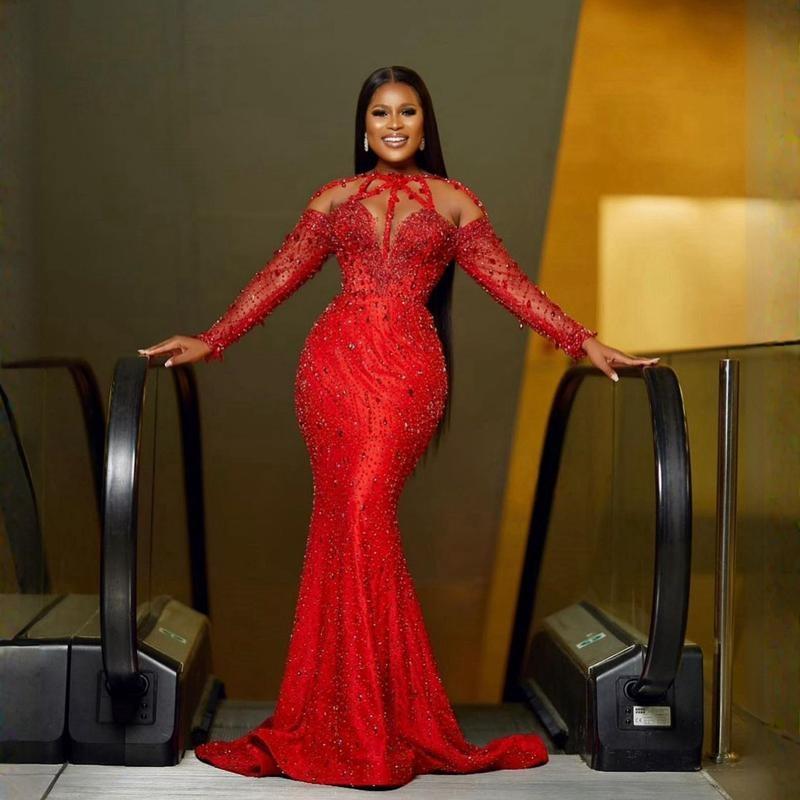 urious Aso Ebi Prom Dresses Sparkg Red Lace Mermaid Evening Dress Crystals Birthday Party Second Reception African Arabic Engagement Gowns ST465