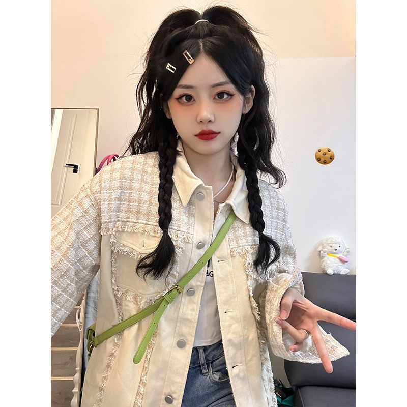 Women's Jackets Patchwork Vintage Plaid Tweed Contrast Jean Jacket Chic Vintage Denim Coat Women Spring Fall Loose Outfit Windbreaker y2k cloth 2
