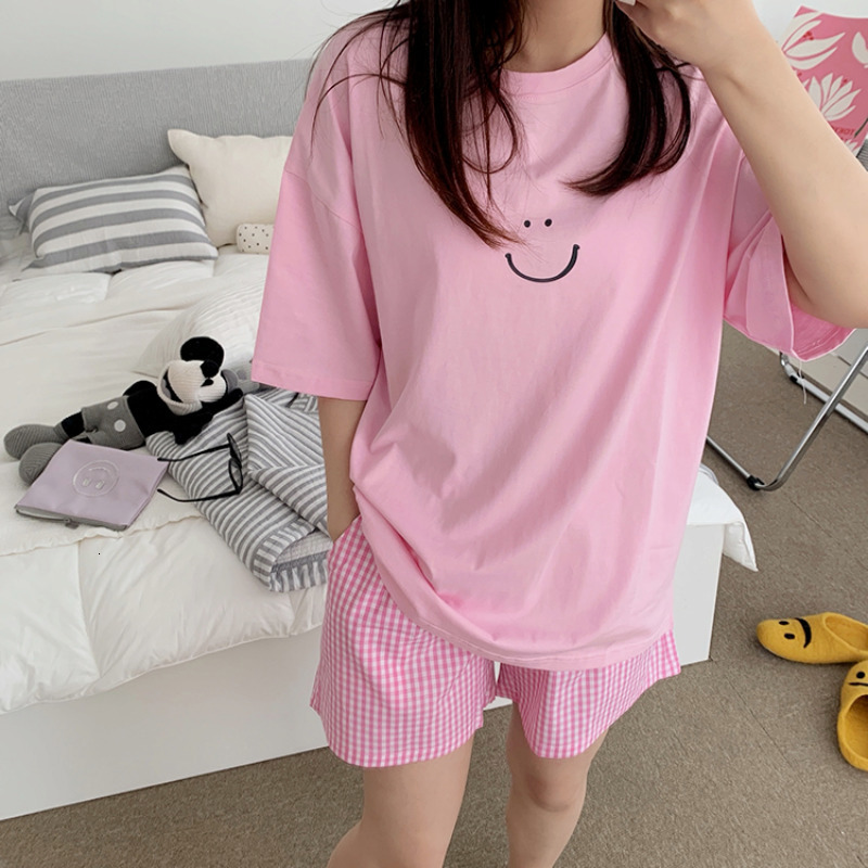 Women's Sleepwear Korean women's pajamas summer home clothes pajamas set girls sweet plaid pajamas kawaii ruffled pajamas Japanese home suit