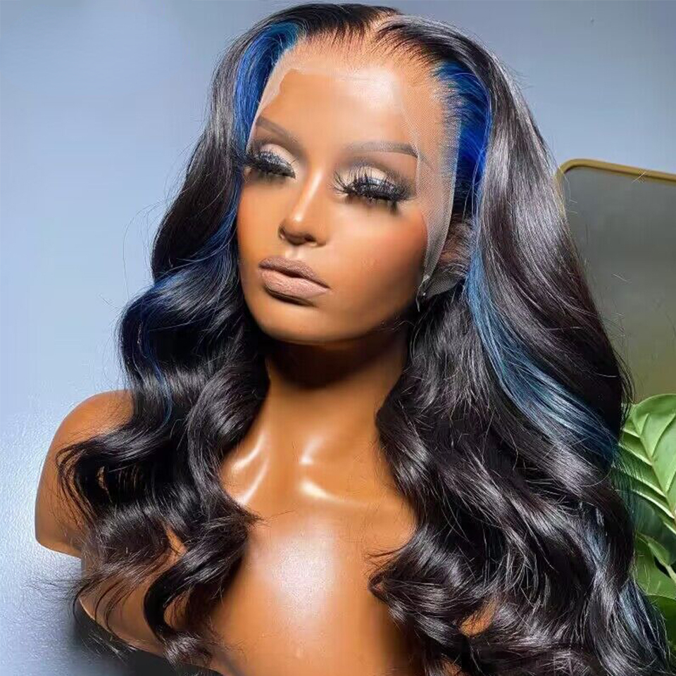 Free shipping 13X4 Front Blue Highlight Black Wigs Transparent Lace Frontal Brazilian Silation Human Hair Body Wave Wig For Women