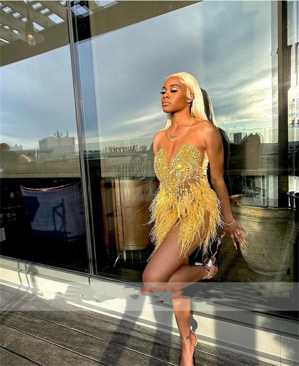 Feathers Crystal Beaded Gold Black Girl Prom Dresses 2024 Party Dress Elegant Sexy Short Birthday Gowns Vestido De Gala