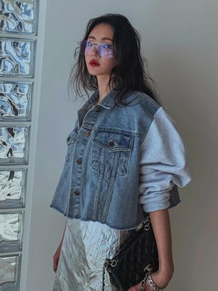 Women's Jackets GALCAUR Patchwork Denim Jackets For Women Lapel Long Sleeve Single Breasted Splcied Pockets Hit Color High Street Coat Female 230