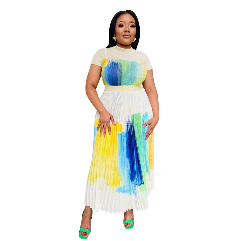 New Dress Sets Summer Women Short Sleeve T-shirt and Pleated Long Skirt Two Piece Sets Fashion Print Loose Skirt 2pcs Suits Bulk Clothes 9804