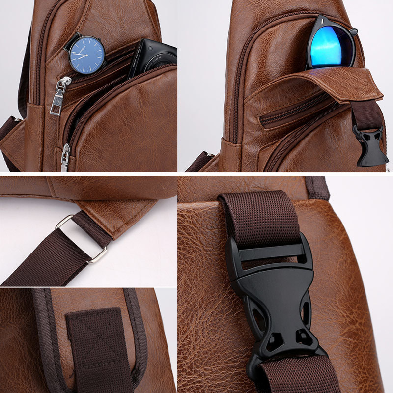 External Frame Packs Men Sport Chest Bag Vintage PU Zipper Open Crossbody with Earphone Holes Casual Fashion Men's 230427