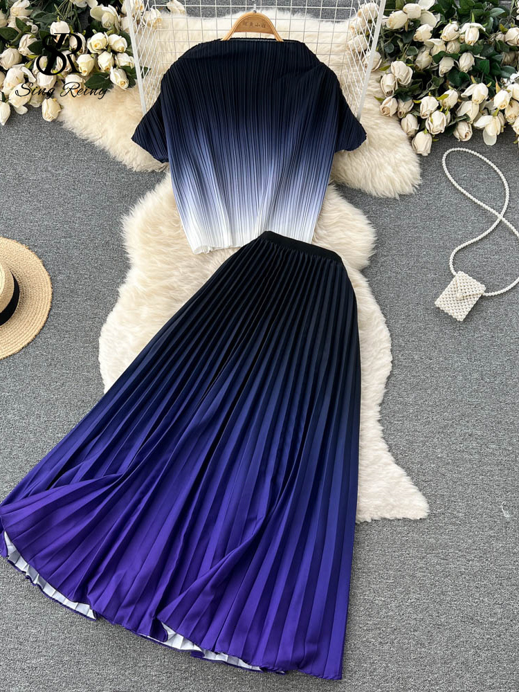 Two Piece Dress SINGREINY Pleated Gradient Women Summer Set Casual Temperament Elastic Waist Elegant Ladies A Line Chic Two Piece Sets 230428