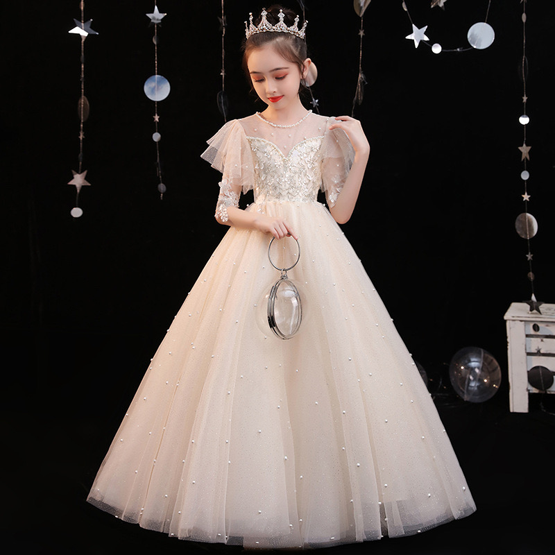 White Pearls Flower Girls Dresses Princess Beaded Elegant Appliqued Lace Beads First Communion Birthday Party Gown Custom Made Christmas Kids Pageant 
