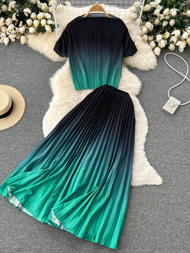 Two Piece Dress SINGREINY Pleated Gradient Women Summer Set Casual Temperament Elastic Waist Elegant Ladies A Line Chic Two Piece Sets 230428