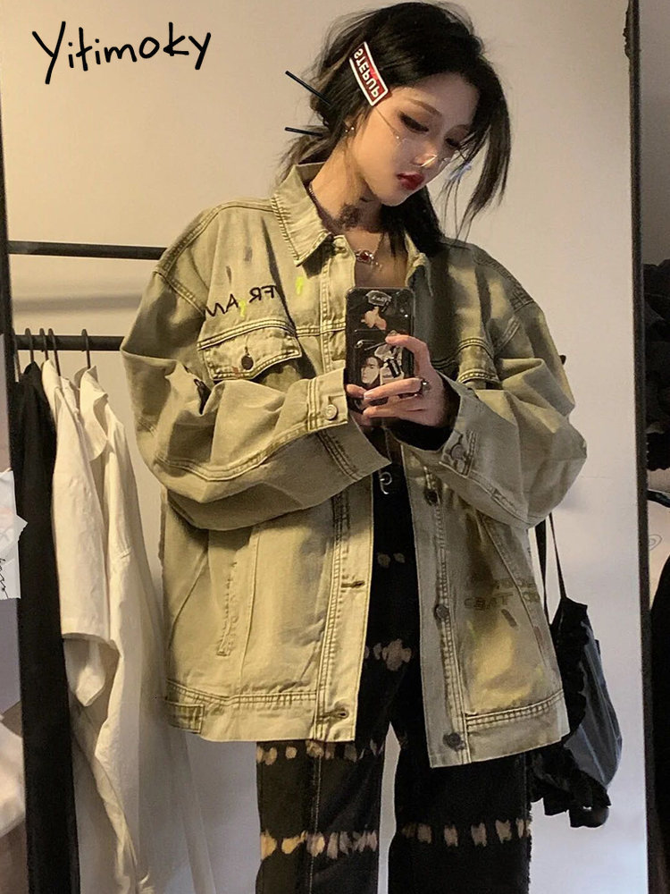 Women's Jackets Cotvotee Cargon Denim Jacket Women Long Sleeve Turn-down Collar Embroidery Single Breasted Coat Casual Outerwear Y2k 230428