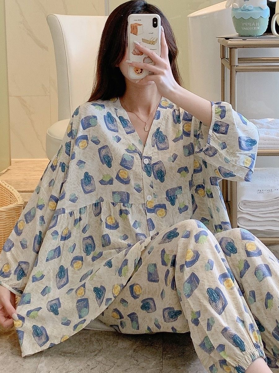 Women's Sleepwear 100% Cotton Floral Printed Ladies Kimono Style Pajamas Set Loose Thin V-Neck Three Quarte Sleeves 2Pcs Sleepwear Loose Homewear