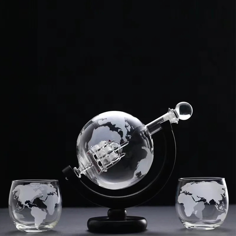 Bar Tools Whiskey Glass Set Crystal Globe Liquor Carafe for Whisky Vodka Sailboat in Decanter with Finished Wooden Stand Cup 231127