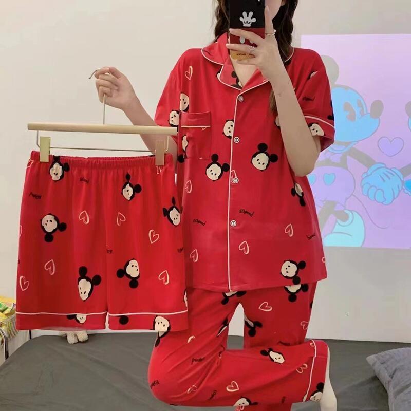 Women's Sleepwear Summer Short-sleeved Shorts And Trousers Three-piece Cute Cartoon Women's Pajama Suit Thin Girl's Cardigan Home Cloth