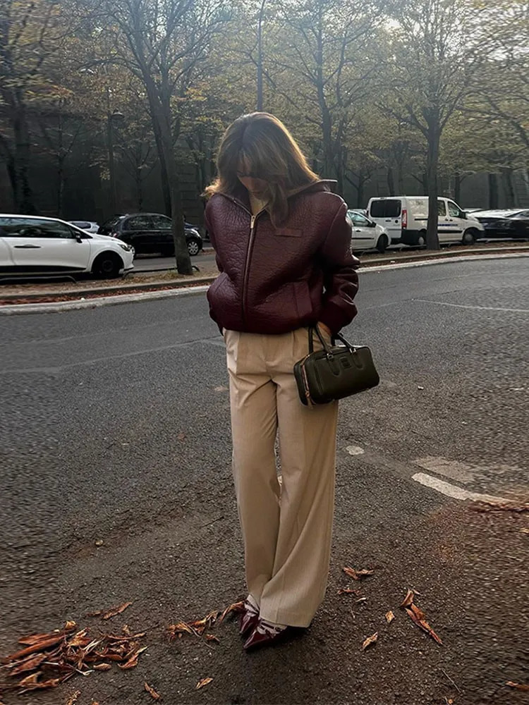 Women's Jackets Autumn Red Pu Leather Cropped Coats Women Vintage Lapel Loose Long Sleeve Zipeer Jackets Winter Fashion Female Warm Streetwear 23