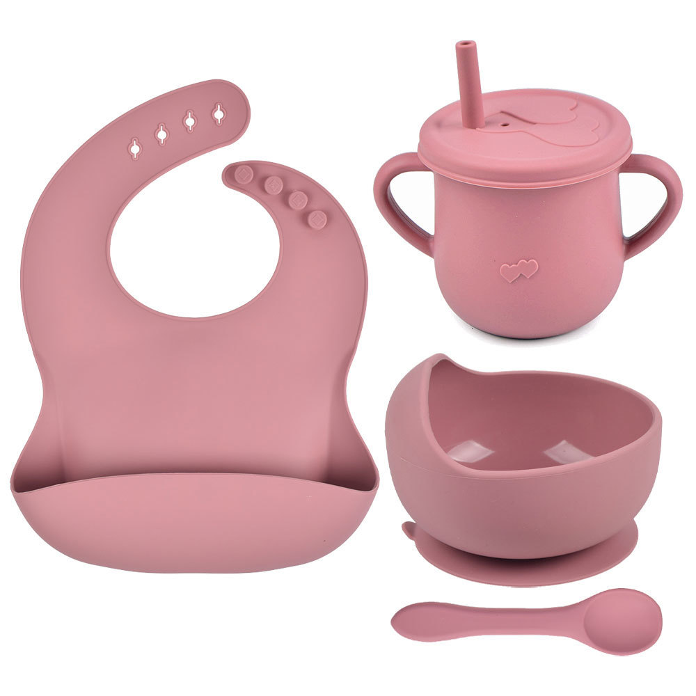 Cups Dishes Utensils 4Pcs/Set Baby Silicone Feeding Bowl Plate Dinnerware Set for Baby Toddlers Baby Feeding Cups Solid Bibs Tableware Set Dishes 2304
