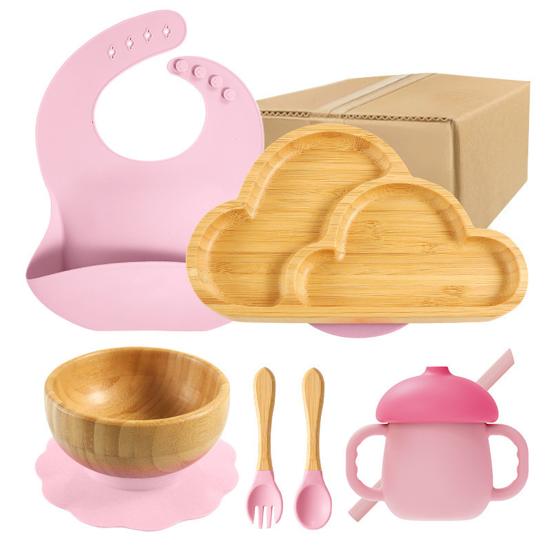 Cups Dishes Utensils Baby Stuff Bamboo Tableware Cup Bowl Plate/Tray Bibs Spoon Fork Sets Children Non-slip Feeding Free Dinnerware Dinner 230428