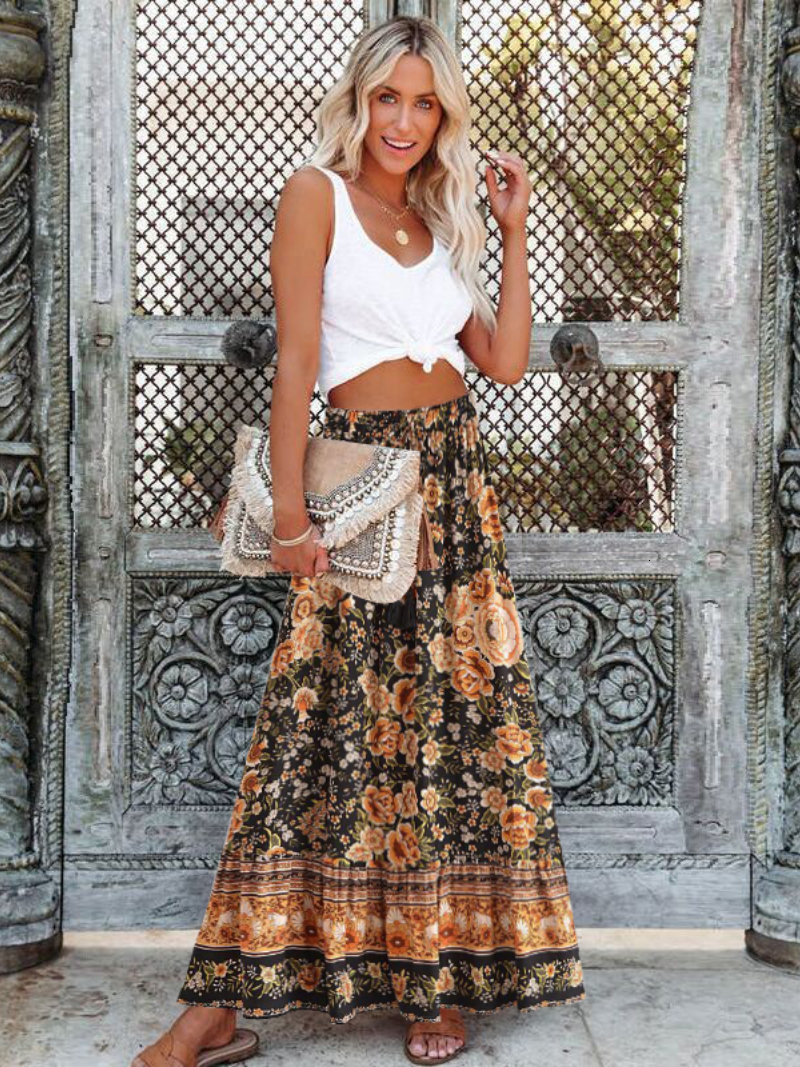 Skirts Summer Fashion Elegant Black Floral Print Beach Bohemian Pleated Skirt Vintage Lady High Waist A-Line Rayon Maxi Boho Skirts 230428
