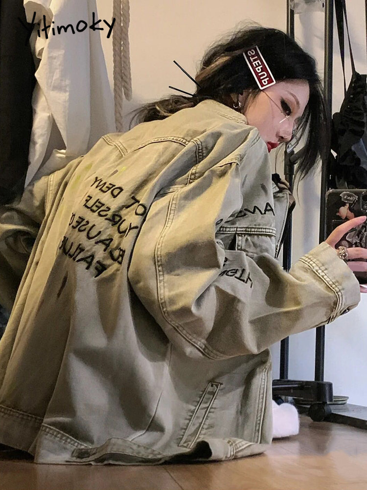 Women's Jackets Cotvotee Cargon Denim Jacket Women Long Sleeve Turn-down Collar Embroidery Single Breasted Coat Casual Outerwear Y2k 230428