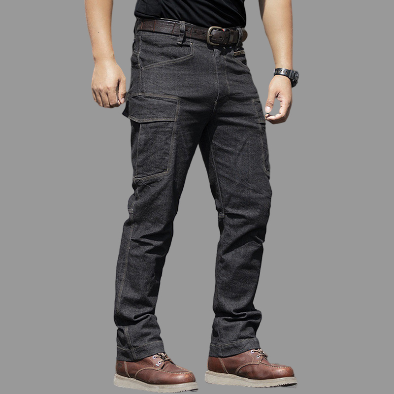 Men s Jeans Celana Panjang Kargo Taktis Pria Militer Tentara Kasual Sepeda Motor Denim Pengendara Regang Banyak Saku 230427